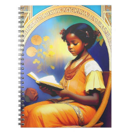 Caderno Espiral Art Nouveau Menina americana africana lendo livro