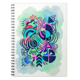 Caderno Espiral Arte abstrata em aquarela neon geométrica moderna
