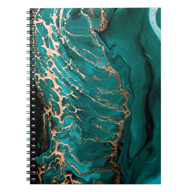 Caderno Espiral Arte Acrílica Líquida Escura Verde na abstrato oc (Frente)