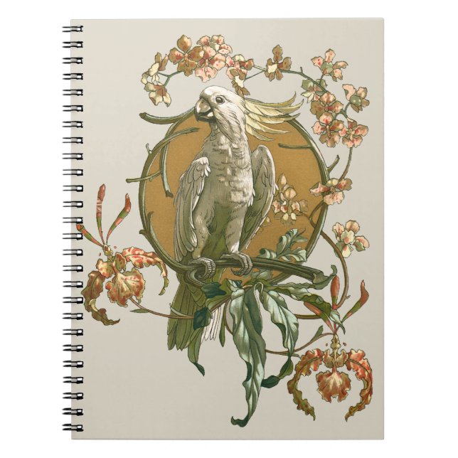 Caderno Espiral Arte Antiga Modernista, Papagaio, Flores de Orquíd (Frente)