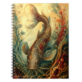 Caderno Espiral Arte Botânica Vintage de Peixe Koi Ornamentado