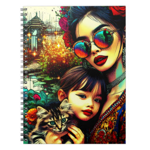 Caderno Espiral Arte Colorido Mãe e Filha Jardim de Flores Asiátic