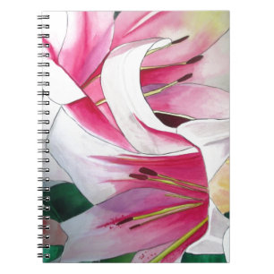 Caderno Espiral Arte de aquarela de lírio do dia branco e rosa