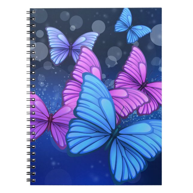 Caderno Espiral Arte de Borboleta Azul e Rosa Vibrantes (Frente)