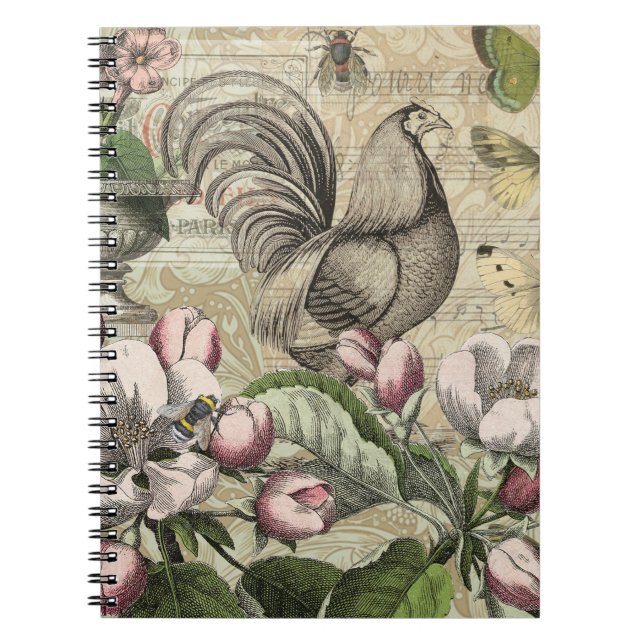 Caderno Espiral Arte de Colagem de Jardim com Galo Vintage: País F (Frente)