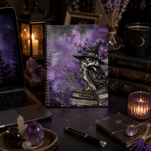 Caderno Espiral Arte de Coruja Mística Roxa com Nome Personalizado
