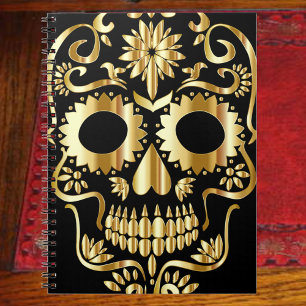 Caderno Espiral Arte de Crânio Açucarado, Dia dos Mortos Preto e D