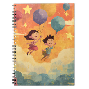 Caderno Espiral Arte de Crianças Alegres Flutuando com Balões e Es