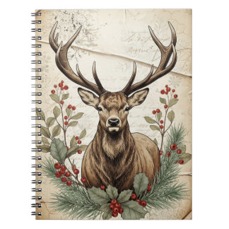 Caderno Espiral Arte de Decoupage de Veado de Natal Vintage