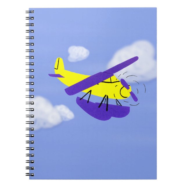 Caderno Espiral Arte de desenho animado amarelo e azul de avião (Frente)