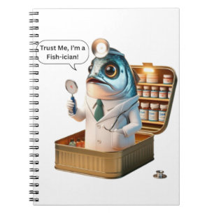 Caderno Espiral Arte de desenho animado de sardinha fresca doutora