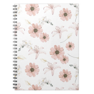 Caderno Espiral Arte de Flores Rosa Bege em Aquarela