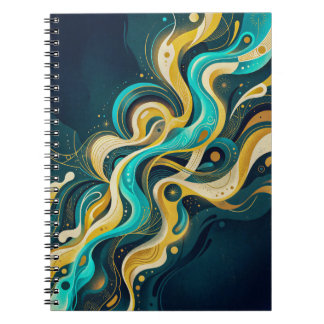Caderno Espiral Arte de Fluxo Abstrato Elegante Turquesa Dourado