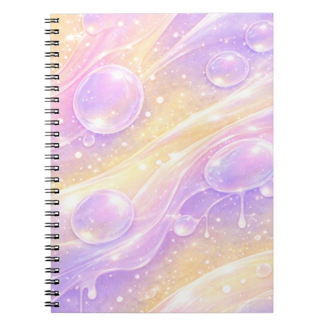 Caderno Espiral Arte de IA de bolhas pastéis roxas e amarelas (Frente)