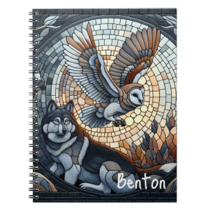 Caderno Espiral Arte de IA de Mosaico de Coruja e Lobo Personaliza