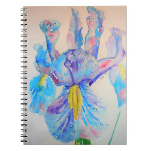 Caderno Espiral Arte de Íris Azul Desenho de Aquarela Floral