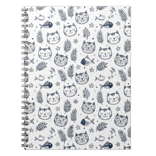 Caderno Espiral Arte de Padrão de Rosto de Gato Minimalista e Folh