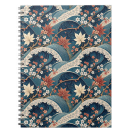 Caderno Espiral Arte de Padrão Floral de Onda Japonesa e Flor de C