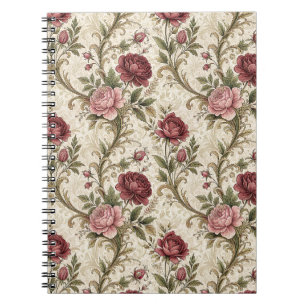 Caderno Espiral Arte de padrão floral de rosa e damasco botânico v