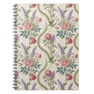 Caderno Espiral Arte de padrão floral Rosa Francesa Clássica e Lav