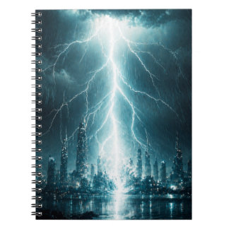 Caderno Espiral Arte de Parede com Relâmpago de Cidade Futurista –