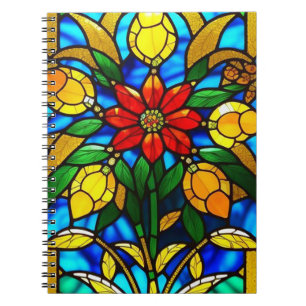 Caderno Espiral Arte de Vidro Manchado Flor Vermelha Elegante