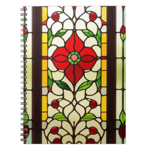 Caderno Espiral Arte de Vidro Manchado Flor Vermelha Elegante