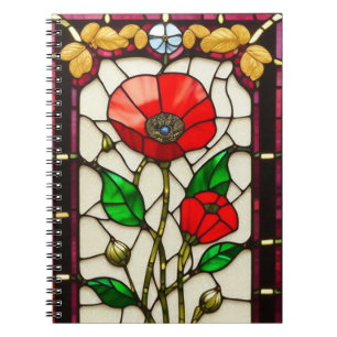 Caderno Espiral Arte de Vidro Manchado Flor Vermelha Elegante
