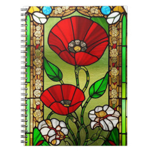 Caderno Espiral Arte de Vidro Manchado Flor Vermelha Vibrante