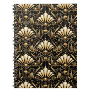 Caderno Espiral Arte Deco Arquitetônico Clássico Preto Dourado