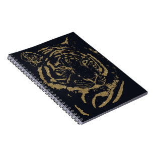 Caderno Espiral Arte do Tigre Preto e Dourado Estilo Luxo Brilhant