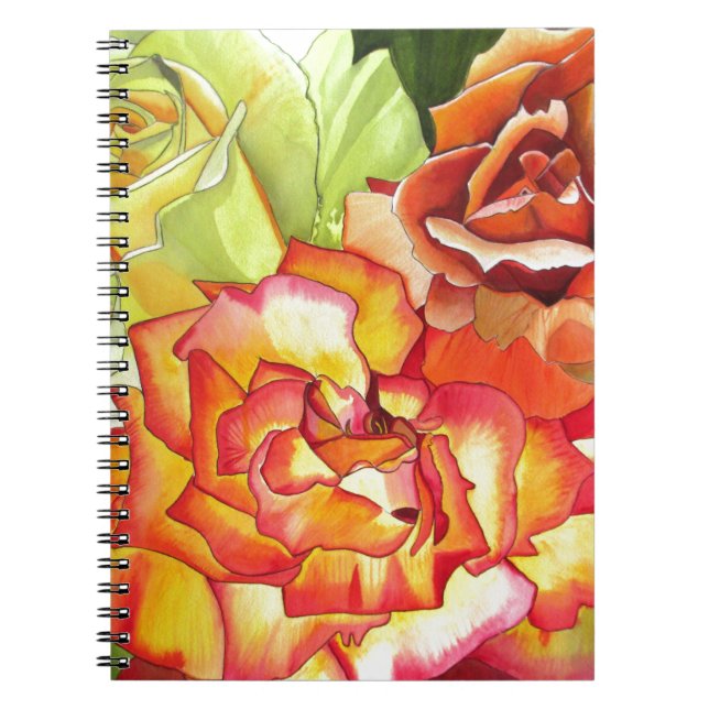 Caderno Espiral Arte em aquarela de rosas laranja e amarelo (Frente)