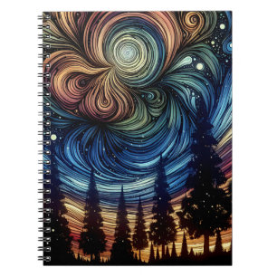 Caderno Espiral Arte Etéreo Místico com Árvores e Céu Noturno