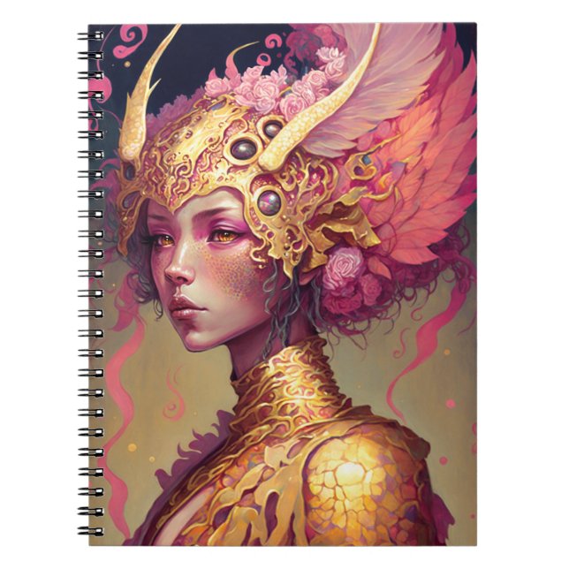 Caderno Espiral Arte Fantástica da Mulher Dragão Rosa (Frente)