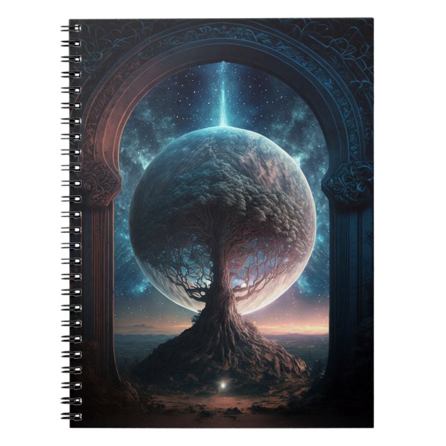 Caderno Espiral Arte Fantástica de Árvore Cósmica Unificada (Frente)