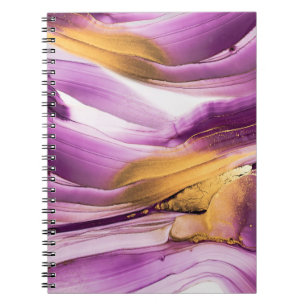 Caderno Espiral Arte fluida, textura dourada lilás marmoreada.