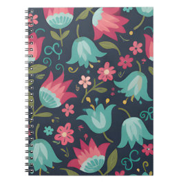 Caderno Espiral Arte Folclórica Moderna Floral - Flores Teal e Cor