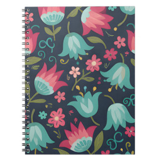 Caderno Espiral Arte Folclórica Moderna Floral - Flores Teal e Cor