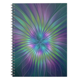 Caderno Espiral Arte fractal abstrata de flor de fantasia colorida