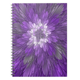 Caderno Espiral Arte fractal abstrata de flor roxa psicodélica