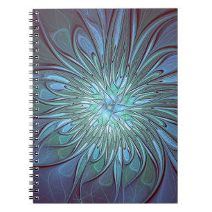 Caderno Espiral Arte fractal azul moderno abstrato da moda