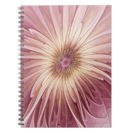 Caderno Espiral Arte fractal de flor abstrata e tons de Borgonha