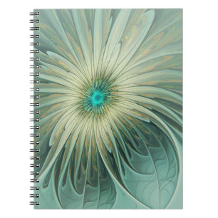 Caderno Espiral Arte fractal de flor de fantasia em verde sálvia a