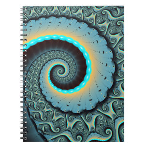 Caderno Espiral Arte fractal espiral azul turquesa laranja abstrat