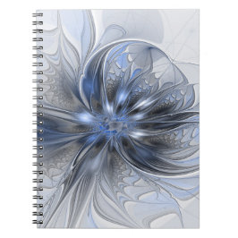 Caderno Espiral Arte fractal floral abstrata em aquarela cinza azu