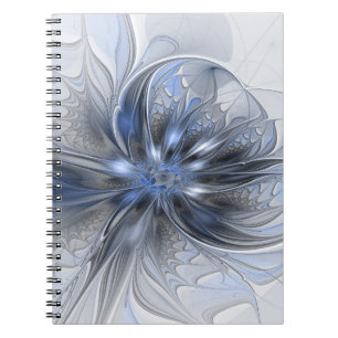 Caderno Espiral Arte fractal floral abstrata em aquarela cinza azu