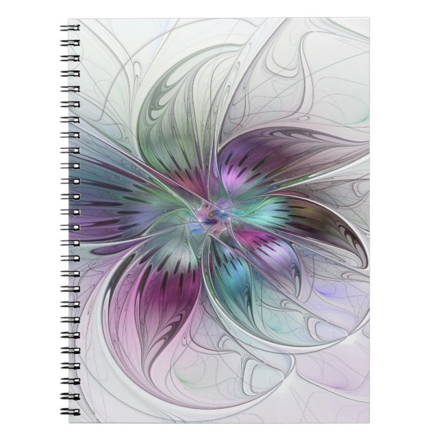Caderno Espiral Arte Fractal Floral Moderno Abstrato Colorido (Frente)