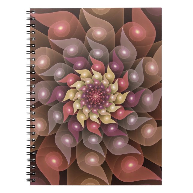 Caderno Espiral Arte Fractal Moderna Abstrato de Flor Shiny Surrea (Frente)