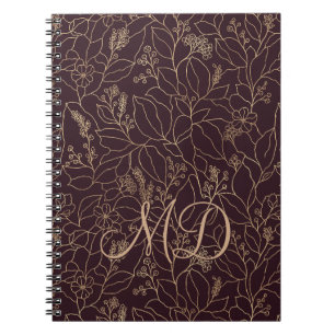 Caderno Espiral Arte Linear Botânico Floral Dourado Elegante Ameix