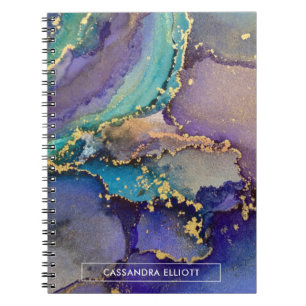 Caderno Espiral Arte Líquida Colorida Dourada Marmoreada Abstrato